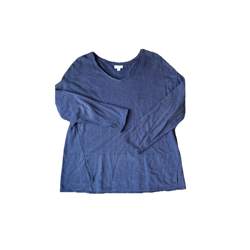J. Jill Pure Jill Women's L 3/4 Sleeve Micro Stripe Shirt Navy Blue 100% Cotton